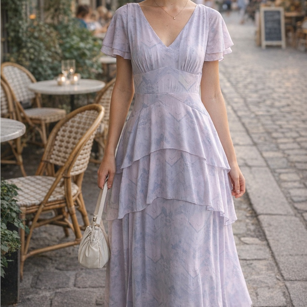 Versona Pastel Lavender Tiered V-Neck Maxi Dress